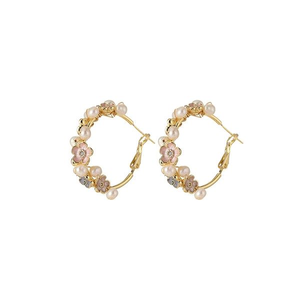 Charm Womens Natural Pearl Floral Hoop Earrings Sterling Silver Post Elegant