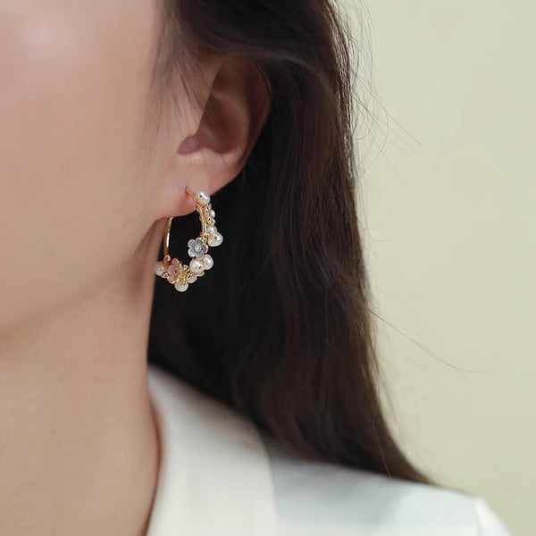 Charm Womens Natural Pearl Floral Hoop Earrings Sterling Silver Post Fashion