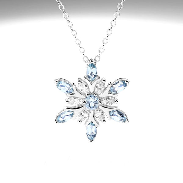 Charm Womens Snowflake Aquamarine Pendant Necklace White Gold Plated Sterling Silver Necklace Accessories