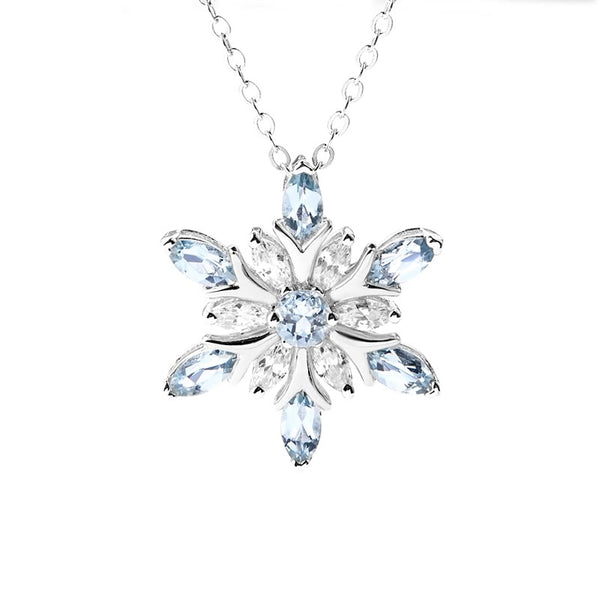 Charm Womens Snowflake Aquamarine Pendant Necklace White Gold Plated Sterling Silver Necklace Aesthetic