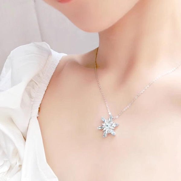 Charm Womens Snowflake Aquamarine Pendant Necklace White Gold Plated Sterling Silver Necklace Beautiful