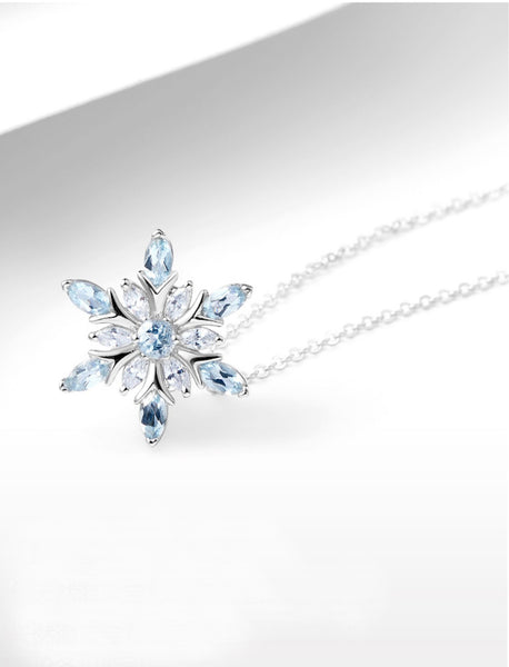 Charm Womens Snowflake Aquamarine Pendant Necklace White Gold Plated Sterling Silver Necklace Elegant