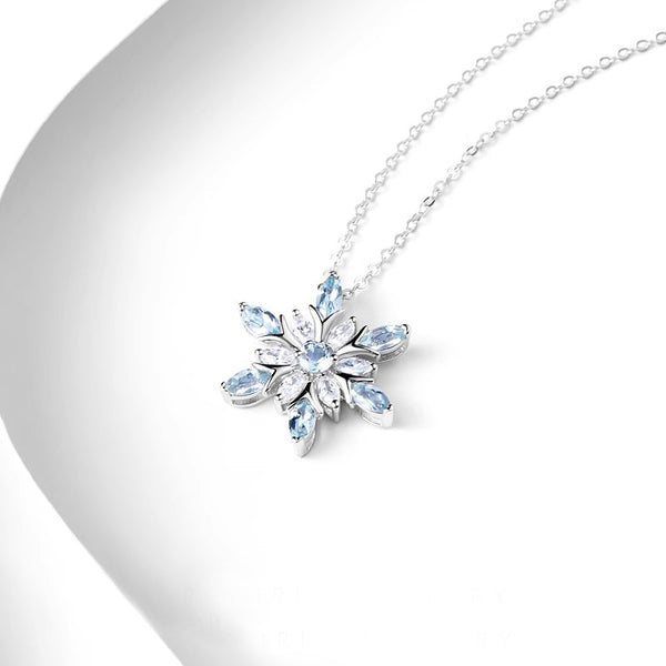 Charm Womens Snowflake Aquamarine Pendant Necklace White Gold Plated Sterling Silver Necklace Fashion