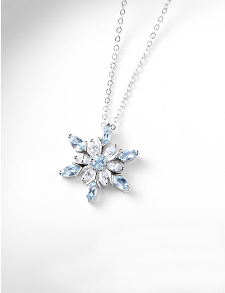 Charm Womens Snowflake Aquamarine Pendant Necklace White Gold Plated Sterling Silver Necklace Gift-idea