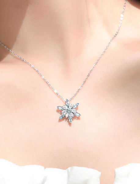 Charm Womens Snowflake Aquamarine Pendant Necklace White Gold Plated Sterling Silver Necklace Gorgeous