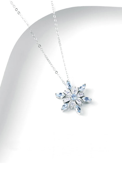 Charm Womens Snowflake Aquamarine Pendant Necklace White Gold Plated Sterling Silver Necklace Stylish