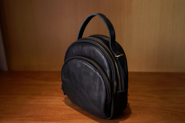 Chic Leather Mini Backpack Purse Black Leather Shoulder Bag Cowhide