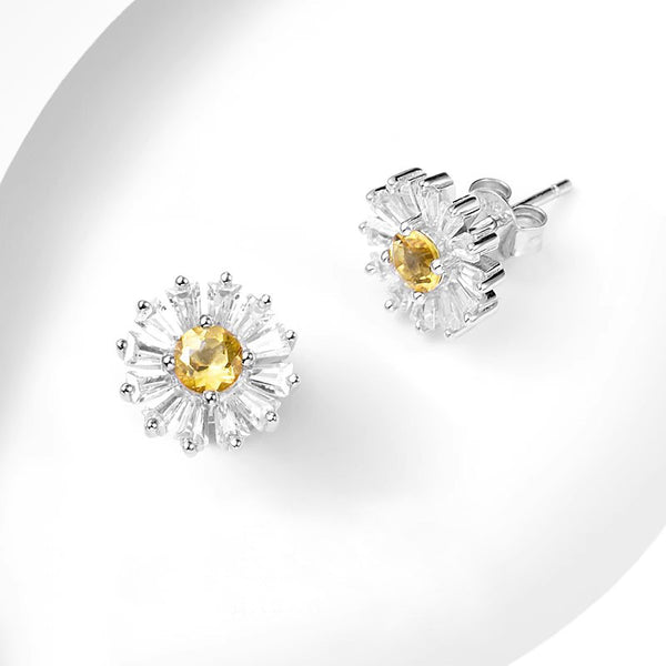 Chic Womens Daisy Shaped Citrine Stud Silver Earrings For Women Beautiful