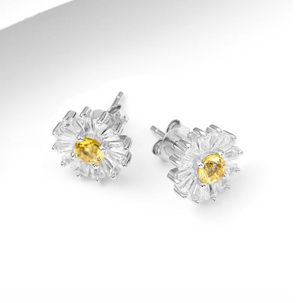 Chic Womens Daisy Shaped Citrine Stud Silver Earrings For Women Classy