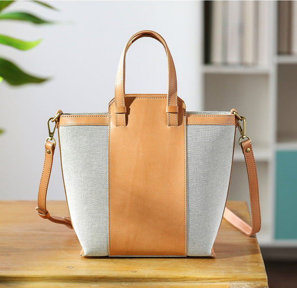Stylish Ladies Canvas Tote Bag With Leather Handles Small Shoulder Bags For Women