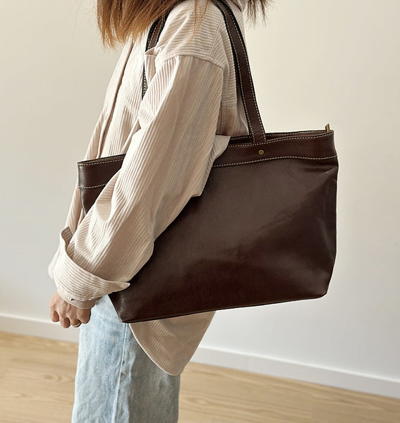 Structured Leather Shopper Bag for Women Top Handle and Zip Closure Large Capacity
