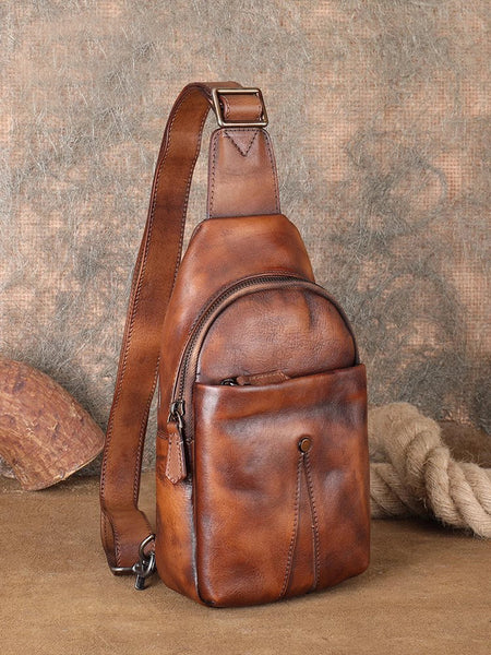 Classic Womens Brown Leather Sling Bag Chest Bag For Women Classy