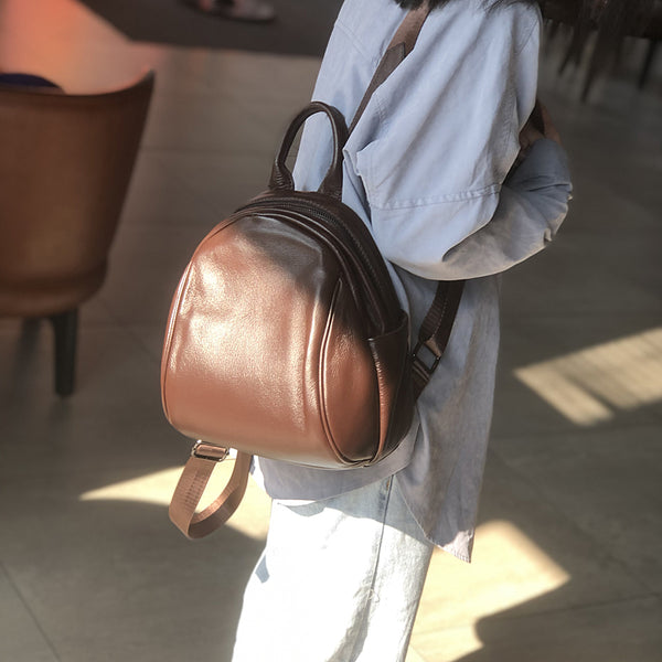 Womens Coffee Brown Mini Leather Backpack Soft Genuine Cowhide Daypack for Women