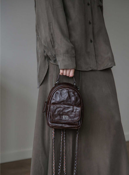 Convertible Leather Backpack Purse for Women Mini Vintage Chain Shoulder Bag