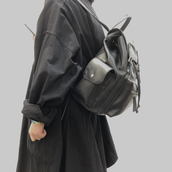 Cool Ladies Genuine Leather Drawstring Backpack Bag Leather Rucksack Purse For Women Black
