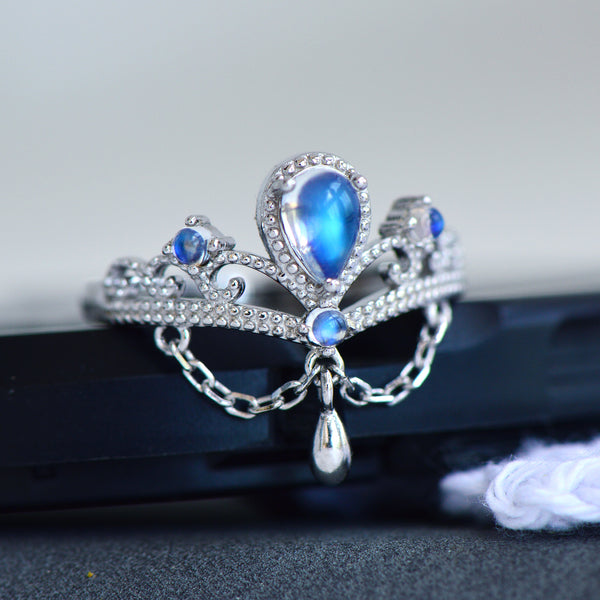 Crown Blue Moonstone Open Ring in White Gold Plated Sterling Silver Affordable