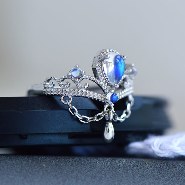 Crown Blue Moonstone Open Ring in White Gold Plated Sterling Silver