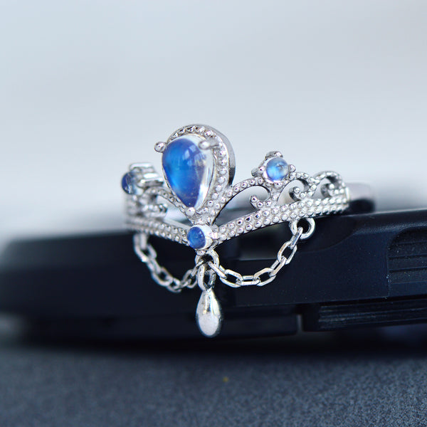 Crown Blue Moonstone Open Ring in White Gold Plated Sterling Silver Chic