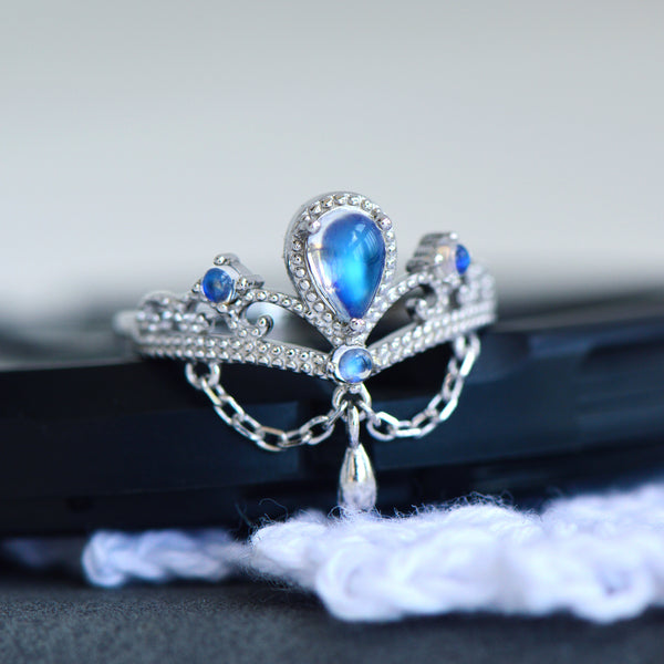 Crown Blue Moonstone Open Ring in White Gold Plated Sterling Silver Cute