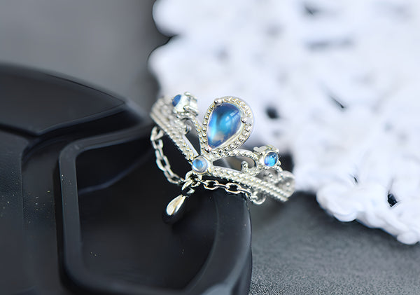 Crown Blue Moonstone Open Ring in White Gold Plated Sterling Silver Elegant