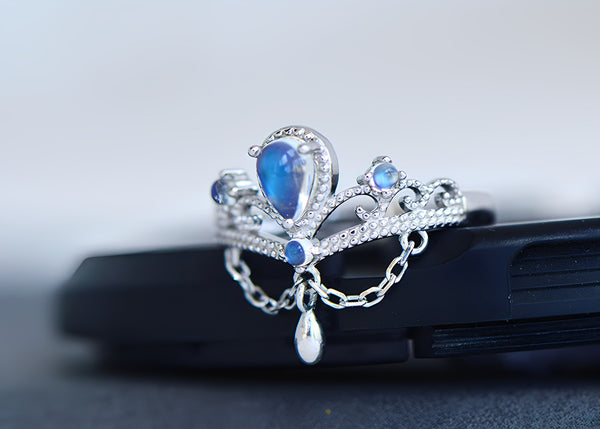 Crown Blue Moonstone Open Ring in White Gold Plated Sterling Silver Gift-idea