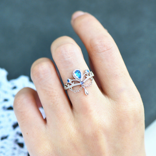 Crown Blue Moonstone Open Ring in White Gold Plated Sterling Silver Stylish