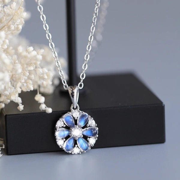 Cute Blue Moonstone Pendant Necklace Sterling Silver Necklace For Women Beautiful