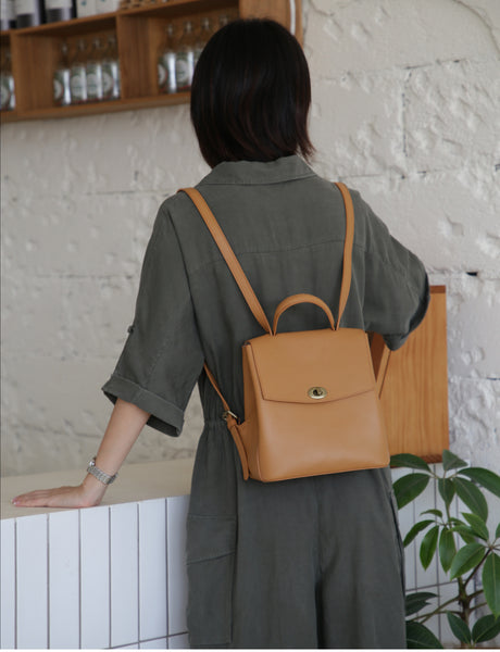 Cute Women's Brown Leather Backpack Purse Ladies Brown Leather Rucksack Back
