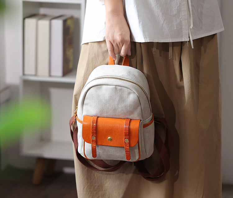 cute mini-canvas backpacks Small Womens Brown Leather and Green Canvas Backpack Ladies Rucksack – igemstonejewelry