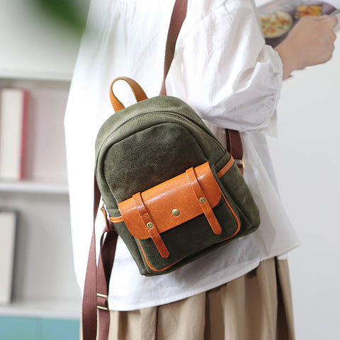 canvas leather backpack small Small Womens Brown Leather and Green Canvas Backpack Ladies Rucksack