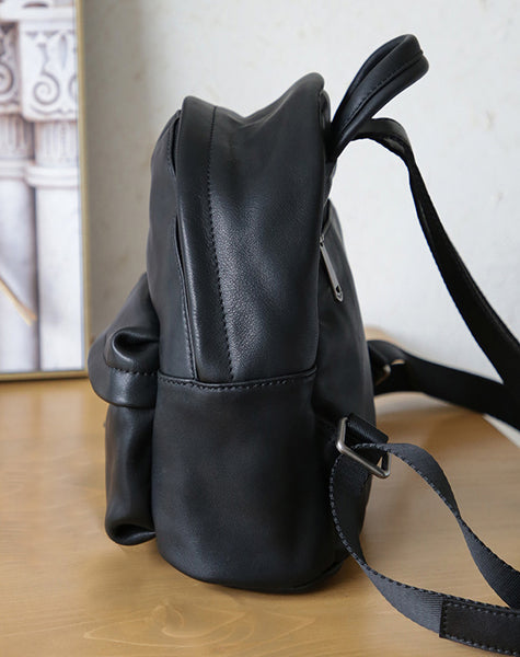 Cute Women's Genuine Leather Mini Backpack Bag Black Leather Rucksack Bag Handmade