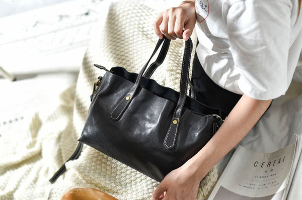 Small Womens Casual Black Shoulder Handbag Genuine Leather Tote Bags