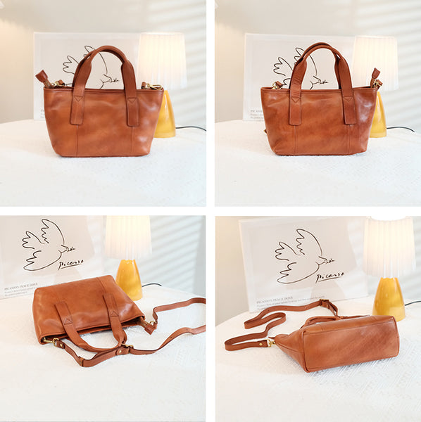 Cute Womens Small Tote Bag With Zipper Brown Leather Shoulder Bag Chic