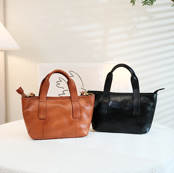 Cute Womens Small Tote Bag With Zipper Brown Leather Shoulder Bag Classy