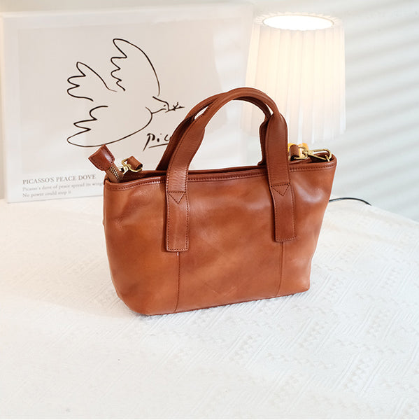 Cute Womens Small Tote Bag With Zipper Brown Leather Shoulder Bag Cool