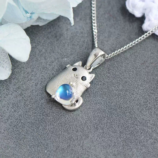 Cute Womens Sterling Silver Cat Necklace Moonstone Pendant Necklace Accessories