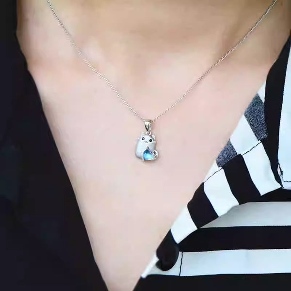 Cute Womens Sterling Silver Cat Necklace Moonstone Pendant Necklace Classic