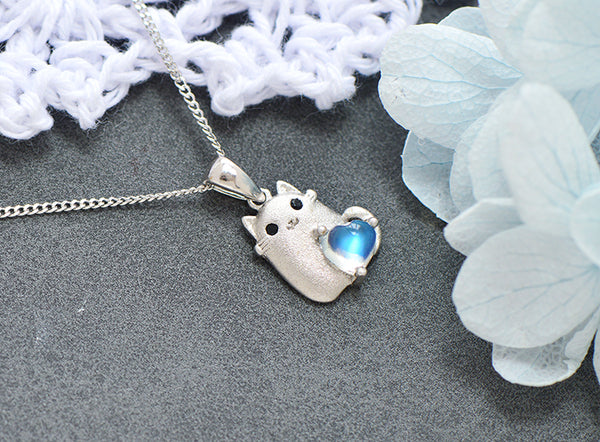 Cute Womens Sterling Silver Cat Necklace Moonstone Pendant Necklace Classic