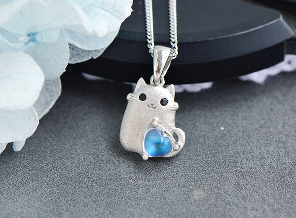Cute Womens Sterling Silver Cat Necklace Moonstone Pendant Necklace Fashionable
