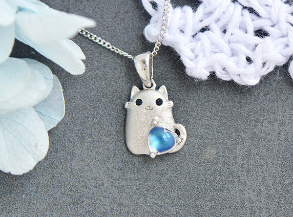 Cute Womens Sterling Silver Cat Necklace Moonstone Pendant Necklace Gift