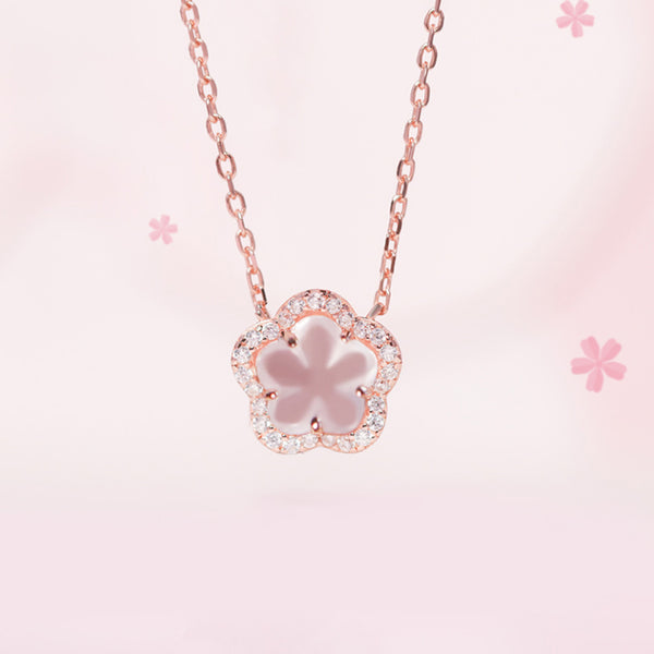 Elegant Ladies Silver Necklace with Rose Quartz Cherry Blossoms Pendant Accessories