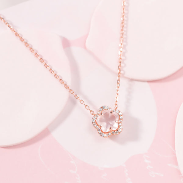 Elegant Ladies Silver Necklace with Rose Quartz Cherry Blossoms Pendant Affordable