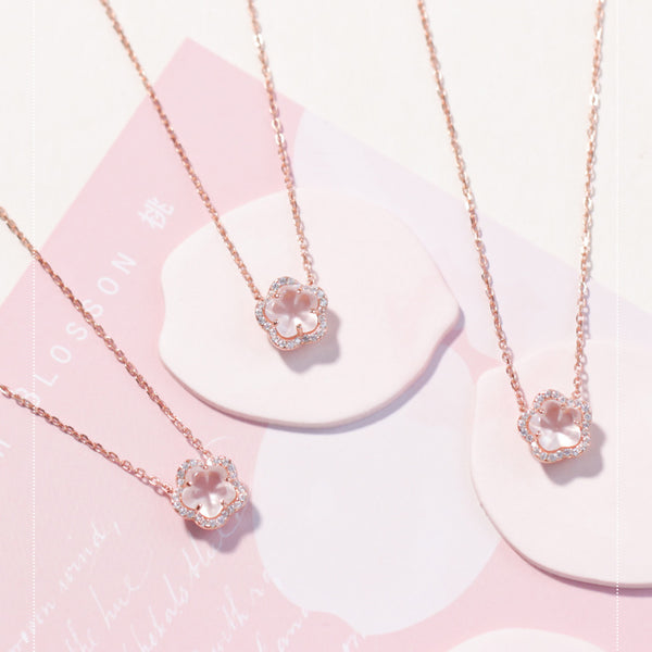 Elegant Ladies Silver Necklace with Rose Quartz Cherry Blossoms Pendant Cute