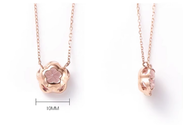 Elegant Ladies Silver Necklace with Rose Quartz Cherry Blossoms Pendant Details