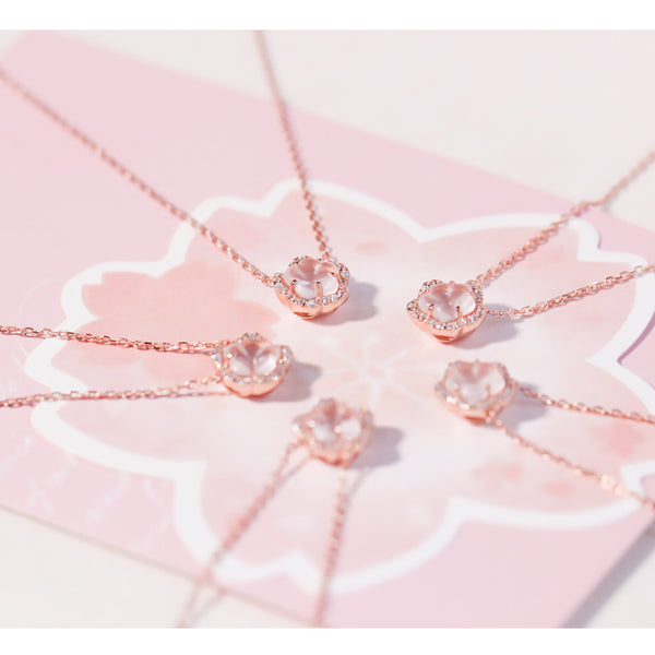 Elegant Ladies Silver Necklace with Rose Quartz Cherry Blossoms Pendant Fashionable
