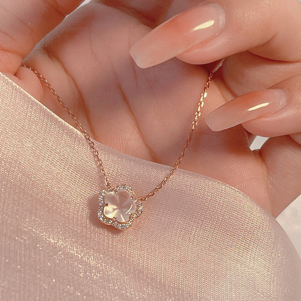 Elegant Ladies Silver Necklace with Rose Quartz Cherry Blossoms Pendant Gift