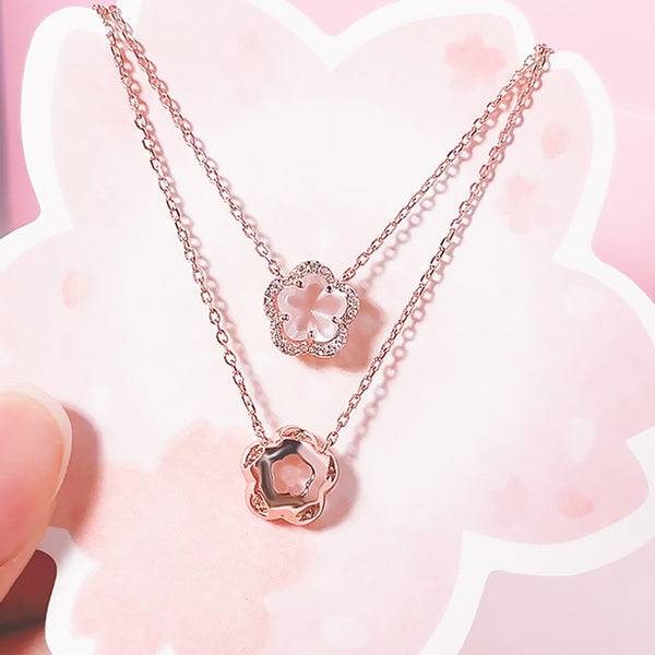 Elegant Ladies Silver Necklace with Rose Quartz Cherry Blossoms Pendant Quality