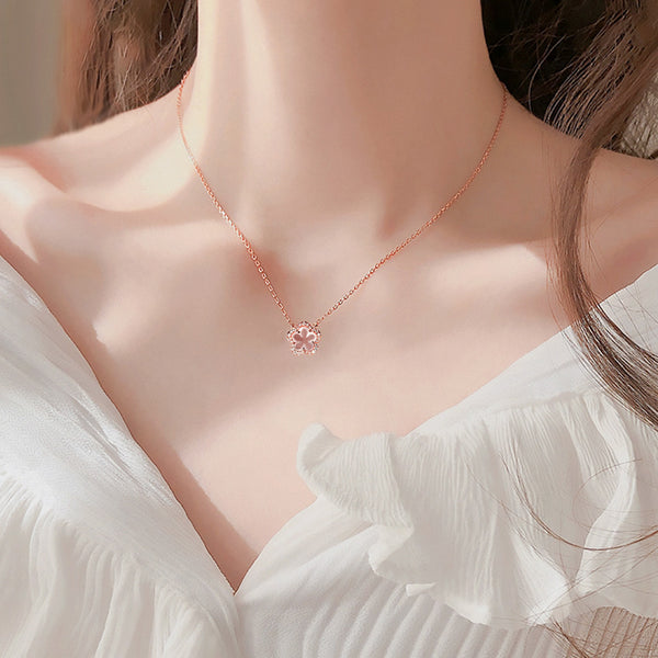 Elegant Ladies Silver Necklace with Rose Quartz Cherry Blossoms Pendant Sleek 
