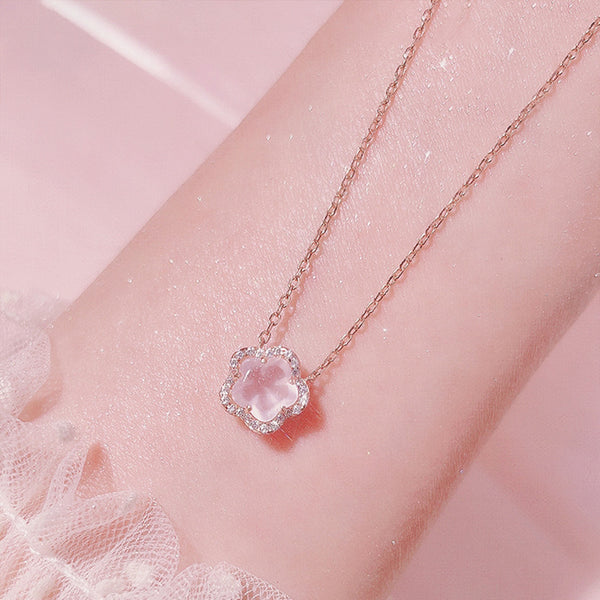 Elegant Ladies Silver Necklace with Rose Quartz Cherry Blossoms Pendant Small