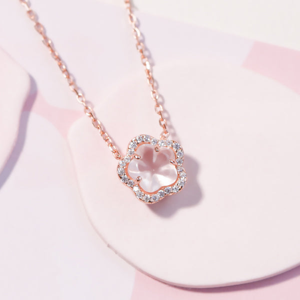 Elegant Ladies Silver Necklace with Rose Quartz Cherry Blossoms Pendant Unique
